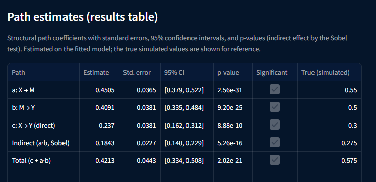 Neural SEM path estimates results table with standard errors, confidence intervals and p-values